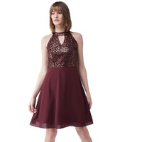 Miss Chase Women's Flowy Sequin Georgette Skater Dress(Mcss18D10-61-184-06,Wine Red,X-Large)