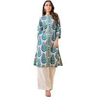 Nainvish Women's Ethnic Motifs Print Straight Cotton Blend Round Neck Kurta (Sd665_K-S_White)
