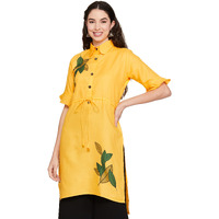 Om Sai Latest Creation Designer Slub Rayon Fully Stitched Straight Kurti For Women & Girls On Jeans Palazzo Or Skirt (Plus Size Upto 2Xl)-(Black) (Yellow, Medium)
