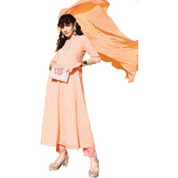 Ishin Women's Cotton Blend Peach Embroidered Anarkali Kurta With Dupatta