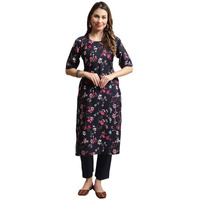 Pinkmint Kurta Set For Women Cotton Printed Knee Length Straight Round Neck Kurti With Pant (Pack Of 1) Purple-Blue