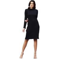 Rigo Cotton Bodycon Midi Dress For Women | Slim Fit Casual Midi Western Dress For Women Dark Black