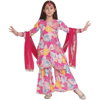 Preneum Girls's Cotton Rayon Printed Angrakha Kurta With Sharara & Dupatta, Pink, 9-10 Years