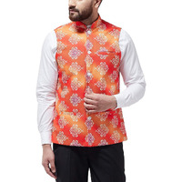 Sojanya (Since 1958 Men's Cotton Blend Orange & Off White Printed Nehru Jacket, Size: 40