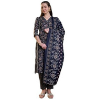 Stylum Women's Ethnic Printed Cotton Blend Straight Kurta Pant Dupatta Set (Kpdbluetifni42_Blue, Xl)