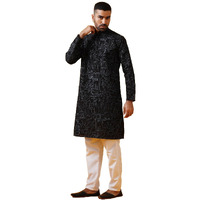 Sojanya (Since 1958 Men's Cotton Silk Kantha Thread Embroidered Black Kurta With White Pyjama