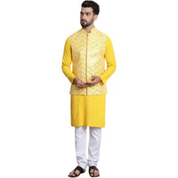 Sojanya (Since 1958 Men's Cotton Seqence Mustard Kurta & White Pyjama With Yellow Nehrujacket