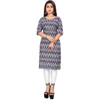 Patlani Women's Cotton Blend Printed Straight Kurta Blue-Zigzeg-M