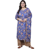 Tissu Women's Plus Size Blue Floral Printed Pure Cotton Kurta & Palazzo With Dupatta (T_678_Blue_6Xl)