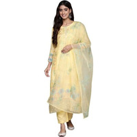 Varanga Women Yellow Abstract Printed Round Neck Straight Pure Muslin Kurta Paired With Tonal Bottom And Organza Embroiderd Dupatta