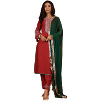 Varanga Zari & Sequin Thread Yoke Embroidered Straight Kurta Paired With Tonal Embroidered Bottom And Contrast Dupatta With Fringes Maroon