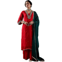 Varanga Womens Red Silk Blend Kurta Set With Silver Embroidery And Dark Green Dupatta (Small)