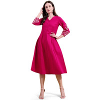 Womanista Linen Blend Women's Fuchsia Cotton Flex With Embroidered Sleeves Empire A-Line Ethnic Dress Maxi (Ethnicdress_113_Pink_M)