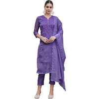 Womanista Women's Organza Kurta With Trouser & Dupatta (Kurtaset_1432_Lavender_2Xl)