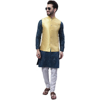 Sojanya (Since 1958 Men's Cotton Tealblue Kurta And White Pyjama With Yellow Silk Nehru Jacket