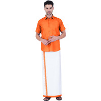 Prakasam Cotton Mens Cotton Plain Colour Shirt With Matching Border Cotton Blended White Single (1.28X2.00 Mtsr) Dhoti Set For Mens