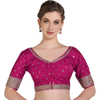 Pujia Mills Women Indian Ethnic Wear Designer Golden Codding With Zari Embroidered Diamond Work Round Neck Half Sleeve Readymade Aari Work Saree Blouse Bridal Readymade Blouse Pink Lehenga Choli