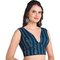 Pujia Mills Women's Indian Ethnic Wear Sabyasachi Sequence With Dhaga Embroidered Zari Work Sweetheart Neck Blouse Sleeveless Readymade Padded Saree Back Open String Pattern Blouse