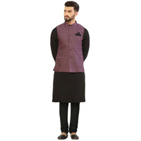 Kisah Men's Kurta Jacket Churidar Set, Mauve Jacquard, Woven Design Regular Fit Long Sleeves Mandarin Collar (L)