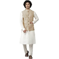 See Designs Men Gold & White Solid Kurta Pyjamas With Nehru Jacket_Sdnj209Xl