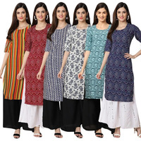 Pinkmint Straight Vibrant Colour Crepe Kurti's For Women's Ll Fashion Fusion Kurti Ll Summer Kurti (Pack Of 6)