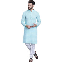 Sojanya (Since 1958 Men's Pure Cotton Blue Kurta With White Embroidery And White Pyjama Set