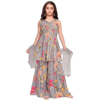 White Button New Grey Floral Print Alia Cut Peplum Top And Sharara Set For Girls