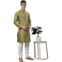 Sojanya (Since 1958 Men's Silk Blend Olive Kurta With Multi Color Embroidery And Off-White Pyjama