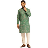 Sojanya (Since 1958 Men's Cotton Blend Printed Green Kurta With White Pyjama