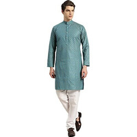 Sojanya (Since 1958 Men's Cotton Linen Peackok Blue Foil Printed Kurta And White Pyjama Set