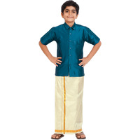 Prakasam Cotton- Art Silk Traditional Boys Dhoti Set, Shirt With Cream Dhoti, Gold Border, Short Sleeve (1-2 Years, Turquoise Blue)