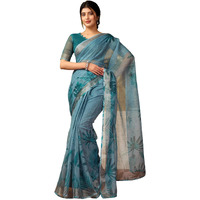 Satrani Women's Linen Printed & Zari Border Ready To Wear One Minute Pre Pleated Readymade Saree With Unstitched Blouse Piece (35Rs332N_Teal Blue)