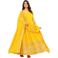 Fashion Basket Georegtte Anarkali Long Dress For Women Yellow