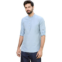 See Designs Men's Roll-Up Sleeve Mandarin Collar Blue Deluxe Cotton Short Kurta - Sdkt2942L