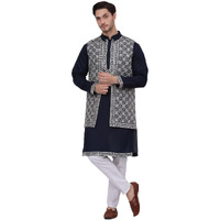 Jompers Men's Navy Embroidered Waistcoat And Kurta Pyjama. (Navy, S)