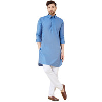 See Designs Men Blue Cotton Solid Curved Hemline Full Sleeve Side Slit Pathani Kurta - Bnrskt610S