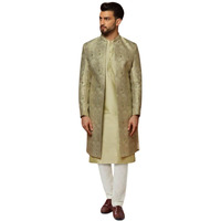 Kisah Men's Kurta Indo-Western Sherwani Trouser Set, Green Cotton, Jacquard Regular Fit Mandarin Collar Long Sleeves (L)