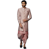 Kisah Men's Cream Indo-Western Kurta Sherwani Dhoti Set Cotton Full Sleaves, Knee Length, Straight, Regular Fit, Mandarin Collar Ethnic Wear