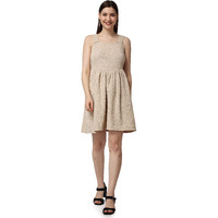 Popwings Casual Self Design Crush Dress For Women || Sleeveless Summer Dress For Women || Latest Stylish Knee-Length Women Dress || Square Neck Casual Women Dress Beige