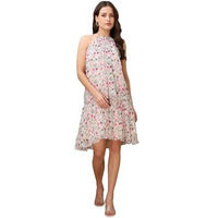 Purvaja Womens Halter Neck Layered Georgette Dress (Floe-092-S_White)