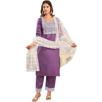 Sanisa Women's Cotton Blend Sequence And Embroidery Work Straight Kurta With Pant And Dupatta Set (197Kbd2093N-M_Purple & White)