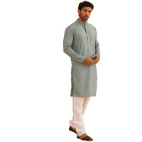 Sojanya (Since 1958 Men's Cotton Embroidered Thread Work Sea Green Kurta With White Churidar Pyjama