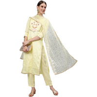 Ishin Women's Silk Blend A-Line Embroidered Thread Work Floral Print Yellow Kurta Suit Set With Trouser Kpldpnk-17038_Xxl_Yellow