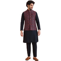 Kisah Men's Kurta Jacket Trouser Set, Multi Cotton Blend, Woven Design Full Sleeves Regular Fit Mandarin Collar (L)