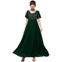 Miss Chase Women's Dark Green Round Short Slit Sleeve Solid Embellished Georgette Maxi Dress (Mcss22D06-50-42-04, Dark Green, M)