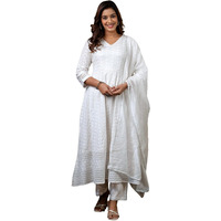 Sanisa Women's Rayon Chikankari Embroidery Anarkali Kurta With Pant And Dupatta Set (240Kbd2531N-Xl_White)