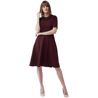 Miss Chase Women's Wine Red Collared Round Neck Half Sleeve Solid Knee-Long Skater Dress With Buttoned Closure (Mcss20D99-43-184-04_Wine Red_M)