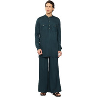 See Designs Men's Long Sleeve Curved Hem Mandarin Collar Green Rayon Solid Pathani Sets - Sdkt650S