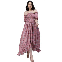 Oomph! Flared Dress For Women Stylish | Long One Piece For Women | Off Shoulder Puff Sleeve Long Dress | Floral Print Maxi One Piece | Western & Fusion Wear Bohemian Style
