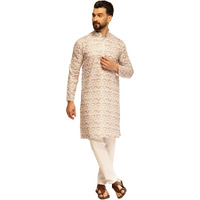 Sojanya (Since 1958 Men's Cotton Linen Self Design Beige Kurta With White Pyjama